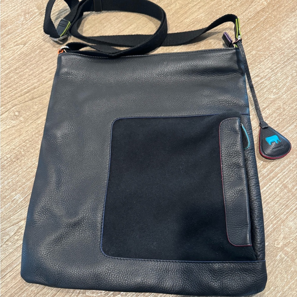 Mywalit Black Leather Crossbody Bag – Colorful Stitching Detail